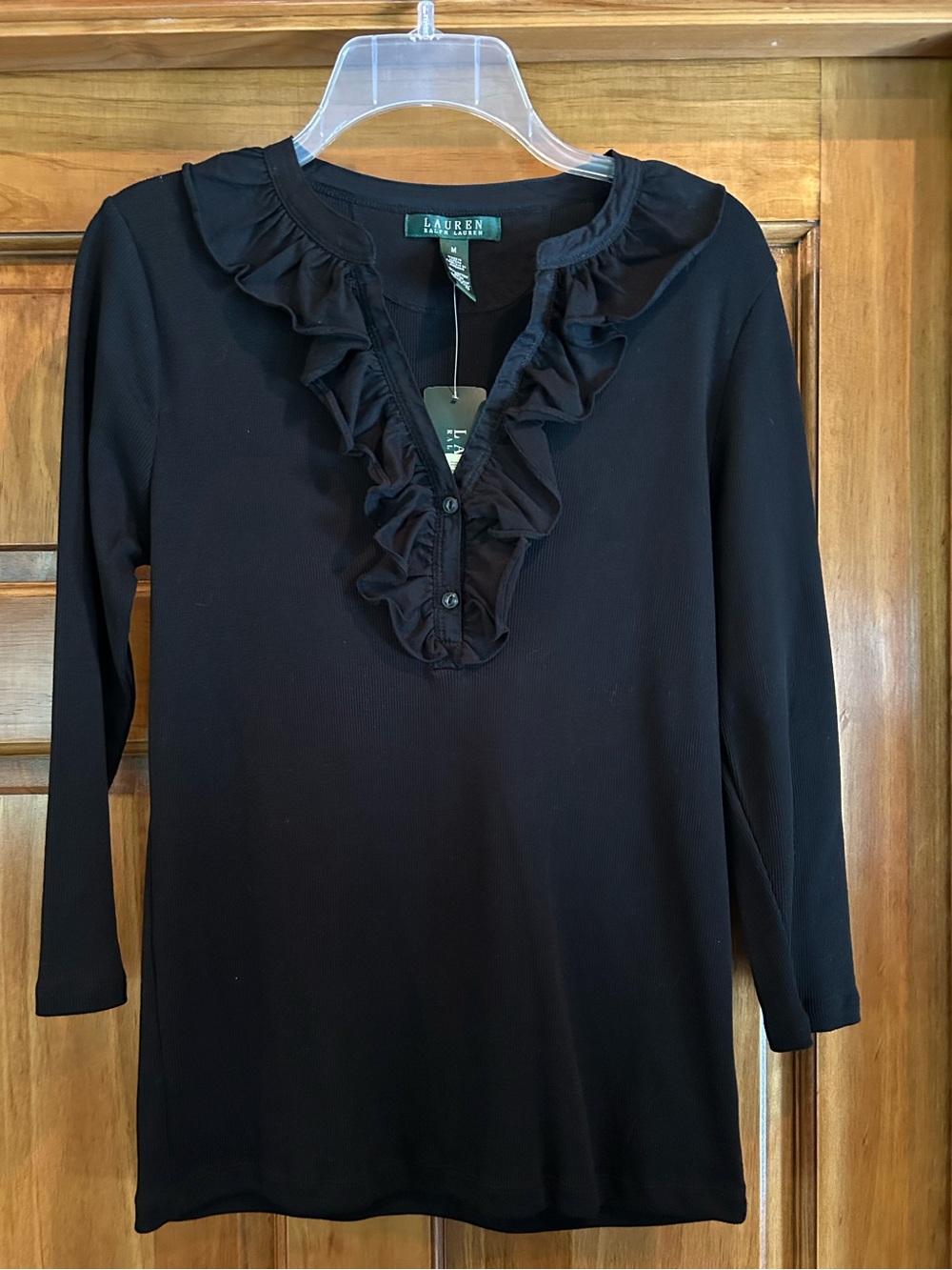 Lauren Ralph Lauren Black 3/4 Sleeve Ruffle V-Neck Top